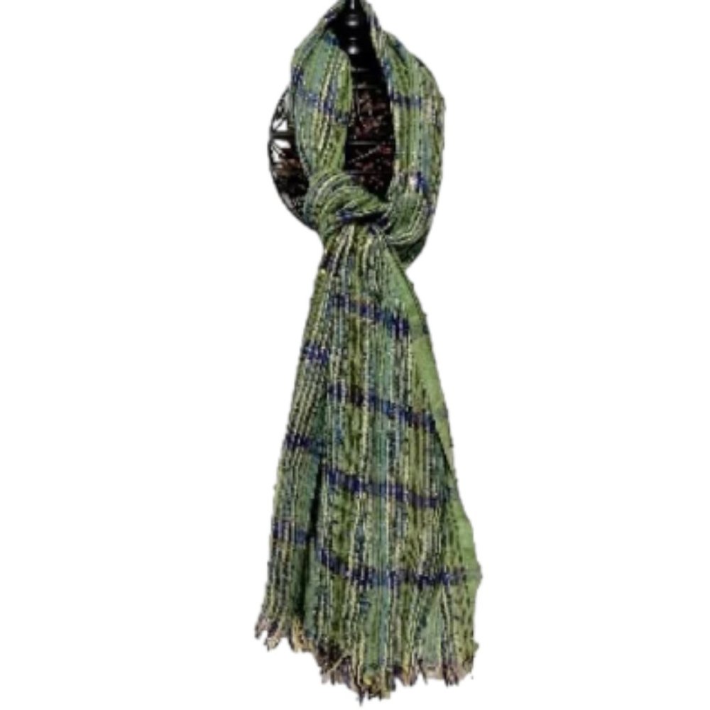 Jones New York Scarf Wrap Cover up Green Gold Silver Blue with Fringe 64" x 17"